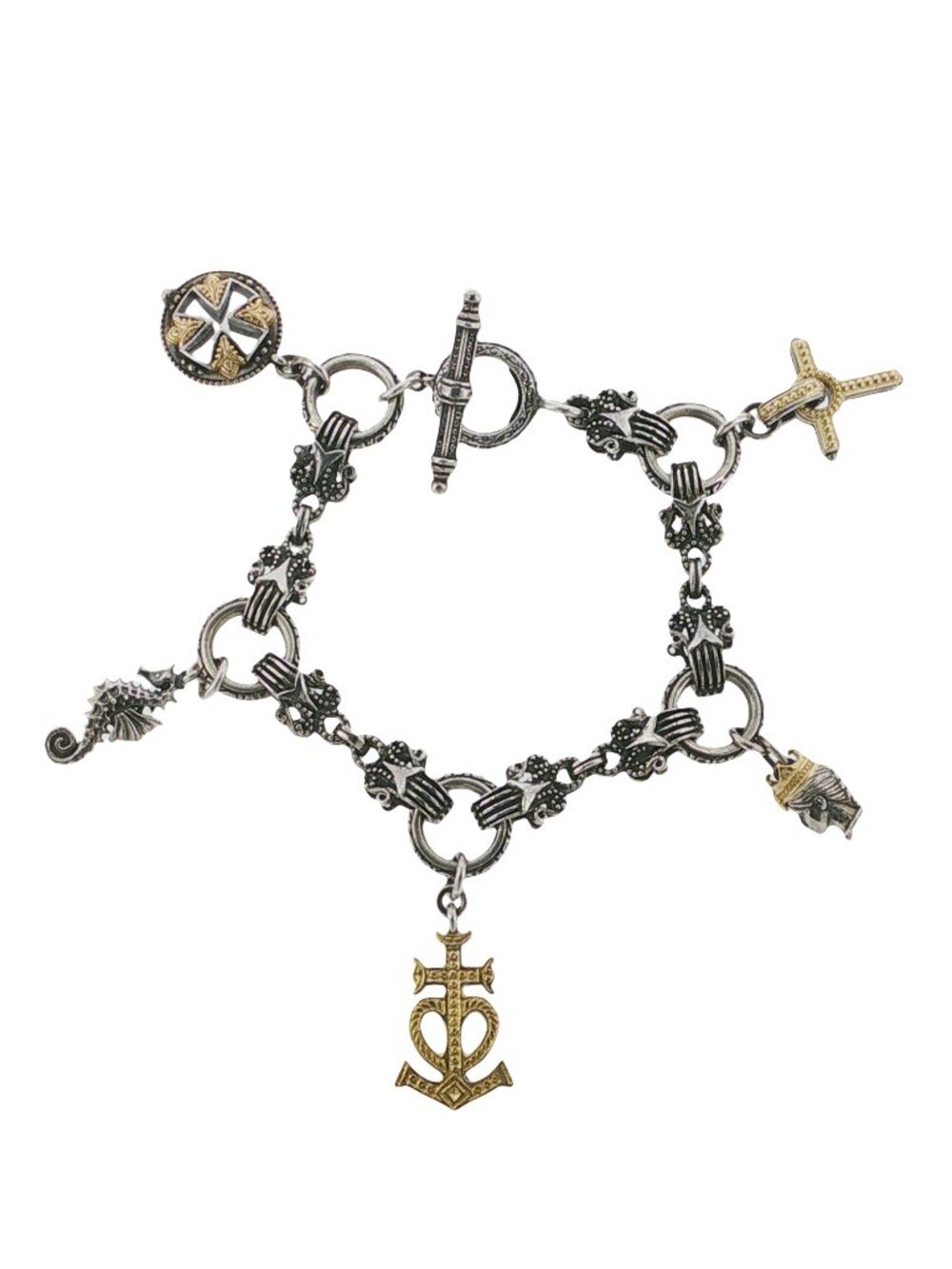 Konstantino 925 Sterling Silver & 18K Gold Gaia Link Charm Bracelet Size 6.5"